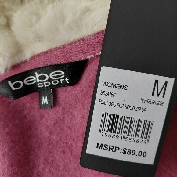Bebe Foil Logo Fur Hood Full Zip Fleece Sweatshirt Women's M Hawthorn Rose - Picture 7 of 7